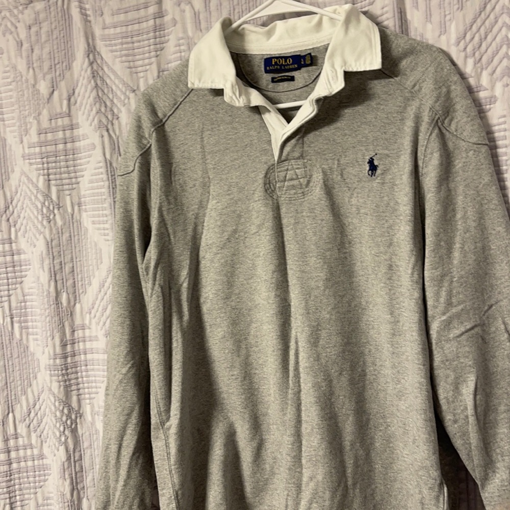 Men polo grey crew neck sweater with collar grey and white size Large